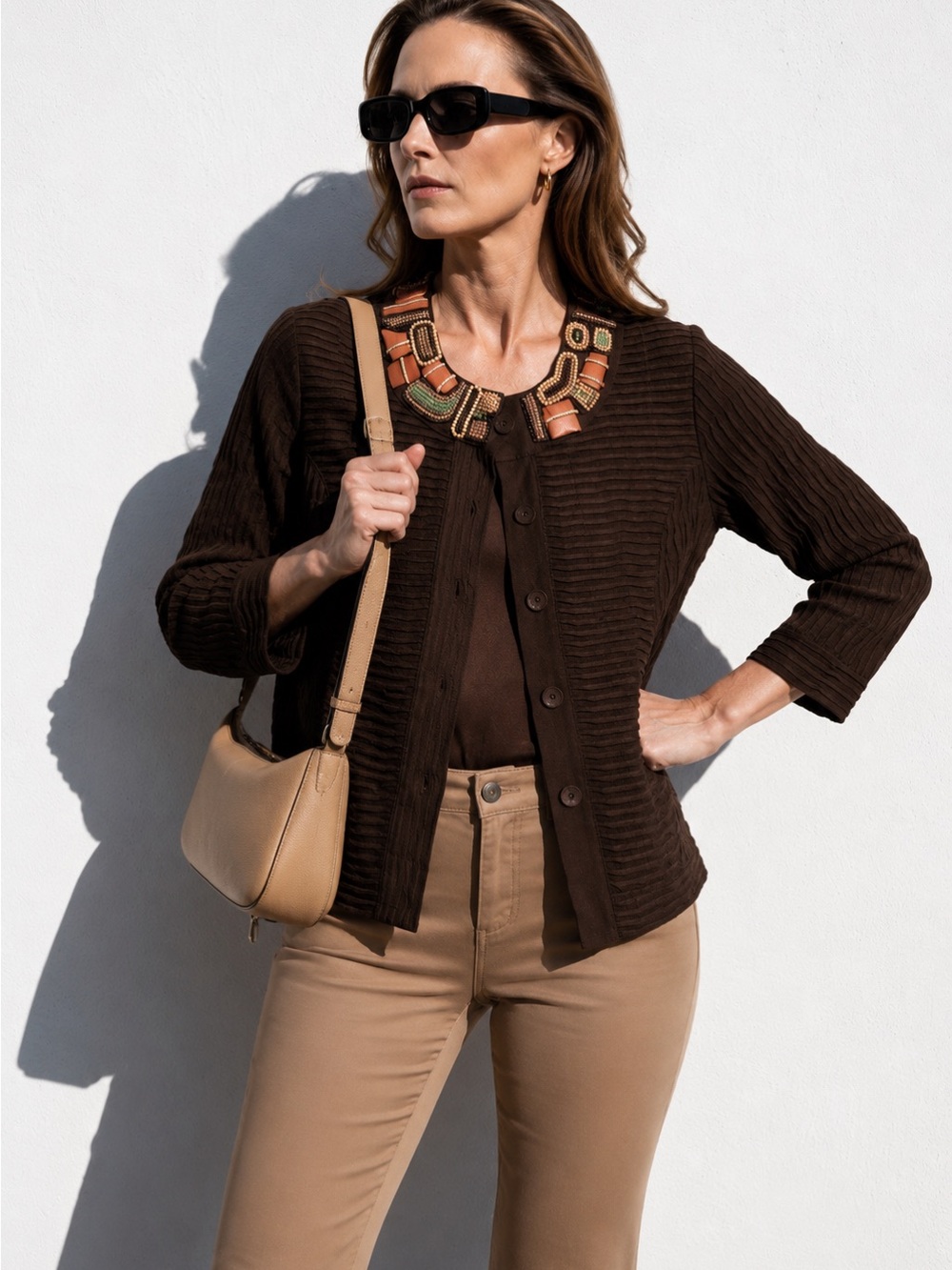 Chico’s Jacket with Beaded Collar Brown Textured Jacket 19” p2p